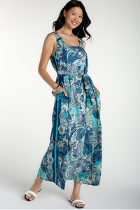 Sleeveless Woven Maxi Dress with Self-Belt | Aqua/Blue Multi