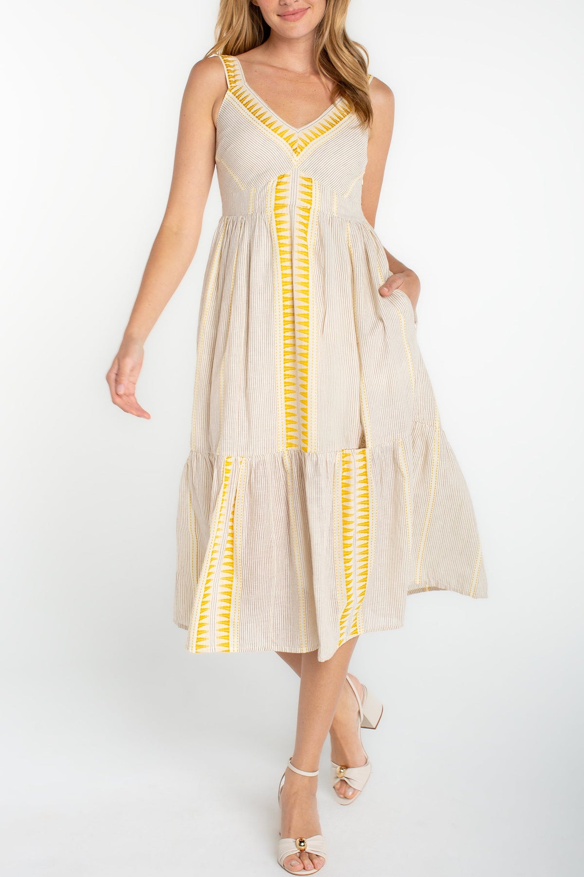Sleeveless Midi Dress | Cream/Brown Stripe