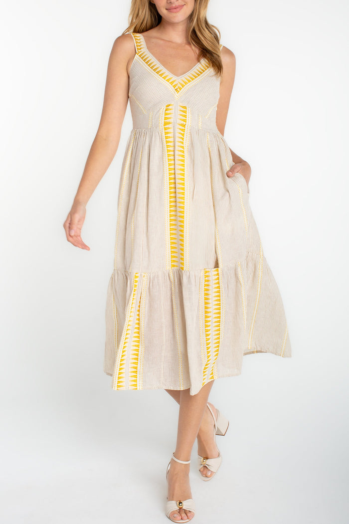 Sleeveless Midi Dress | Cream/Brown Stripe