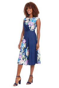 Sleeveless Scuba Crepe Placement Print A-Line Dress | Navy/Blush