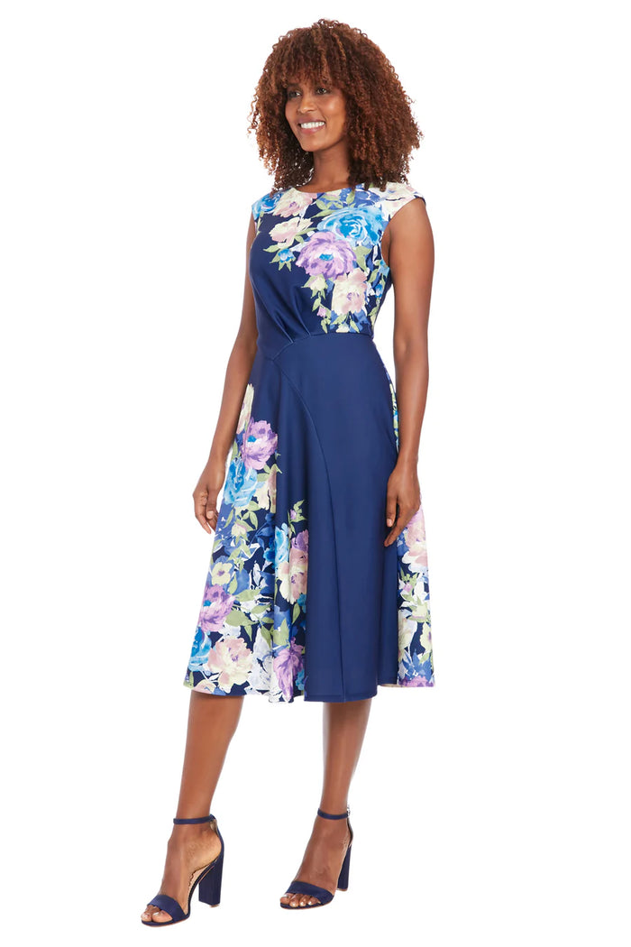 Sleeveless Scuba Crepe Placement Print A-Line Dress | Navy/Blush