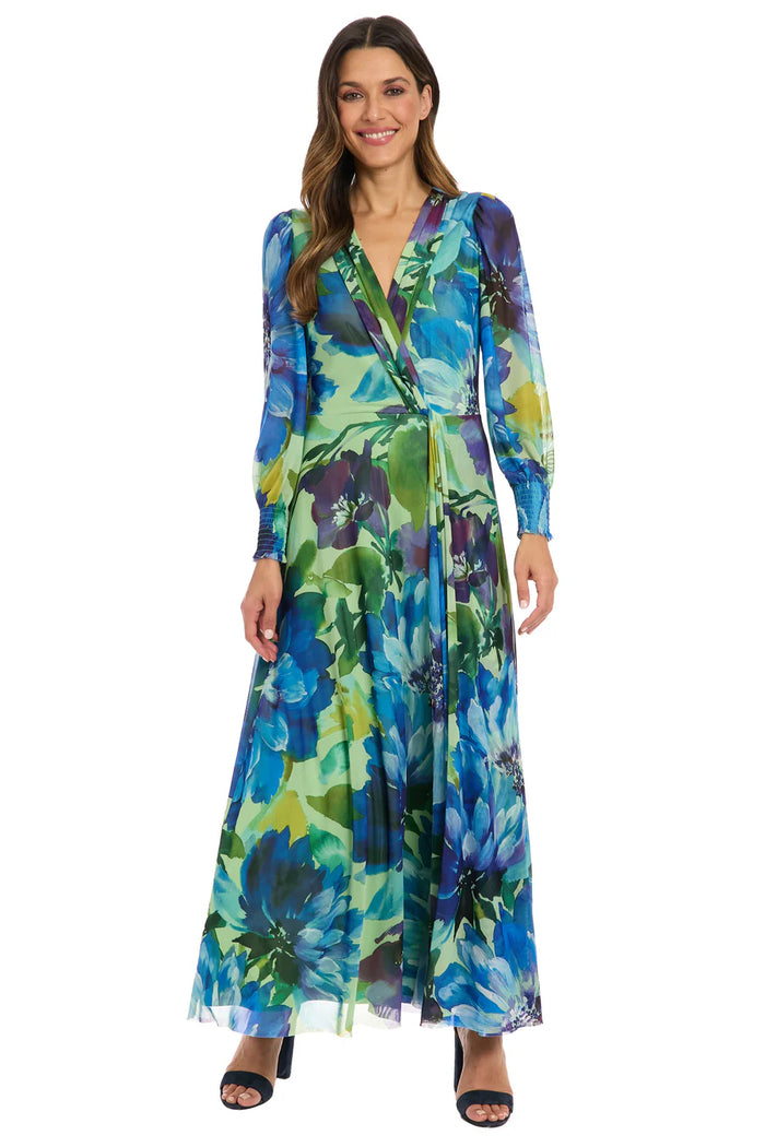 Long-Sleeve Floral Mesh Dress | Sage/Blue