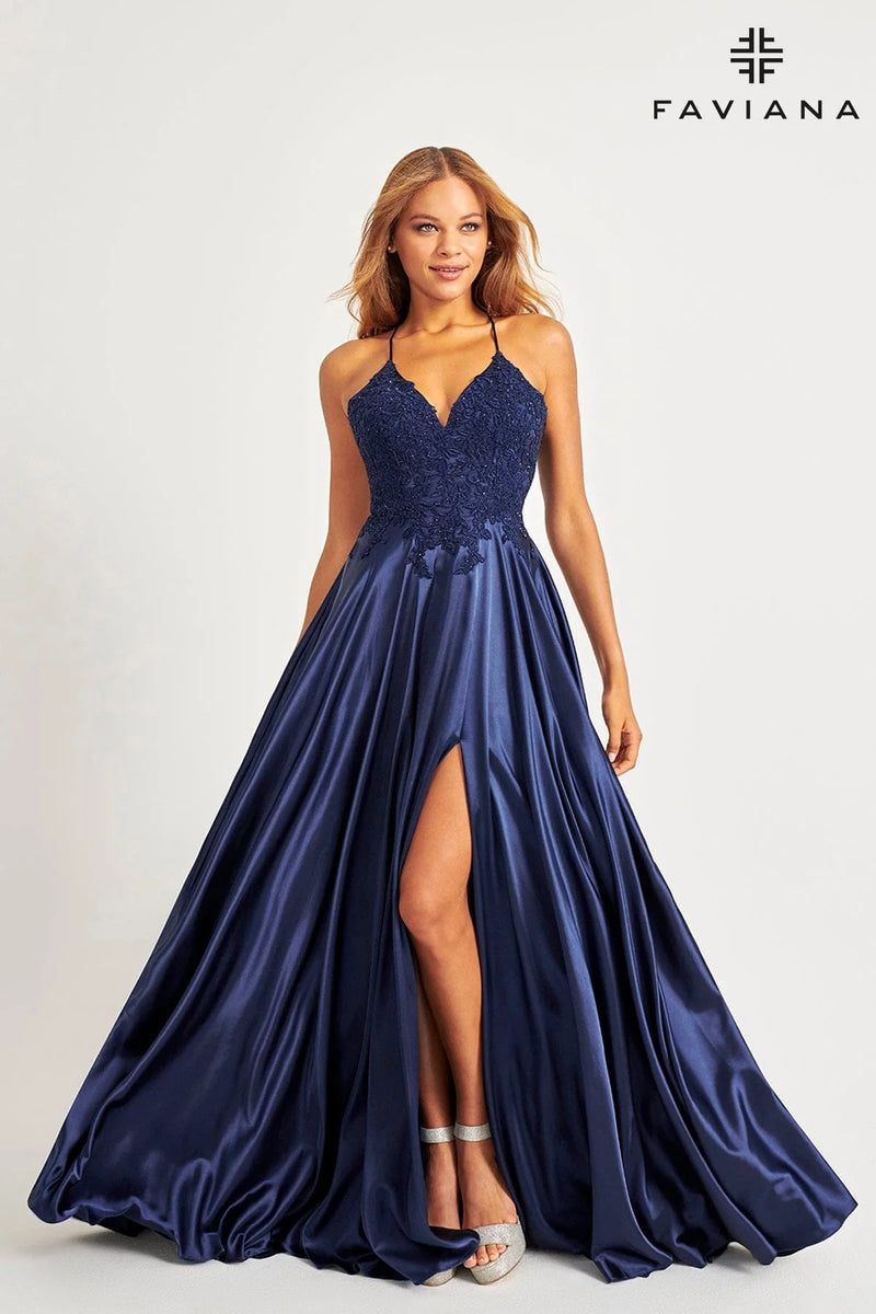 Faviana S10400 Satin Beaded Gown with Lace-up Back