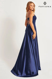 Faviana S10400 Satin Beaded Gown with Lace-up Back | Black