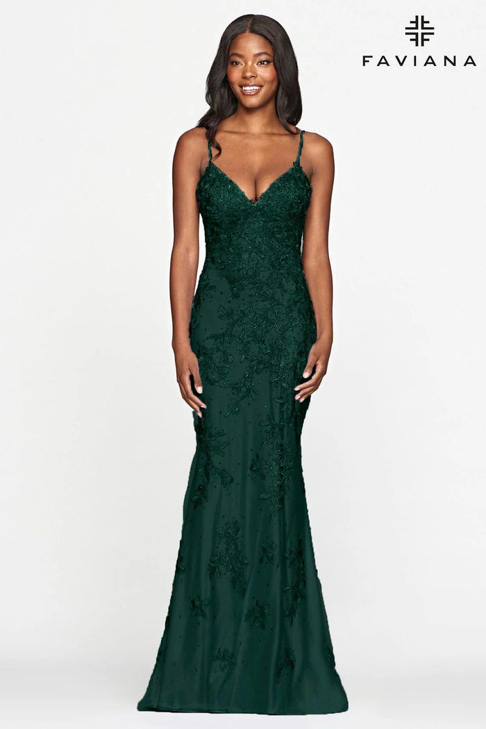 Faviana S10508 Lace Long Dress With V Neck And Lace Up Open Back