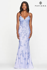 Faviana S10508 Lace Long Dress With V Neck And Lace Up Open Back