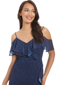 Cold Shoulder Ruffle Maxi Dress | Navy/White