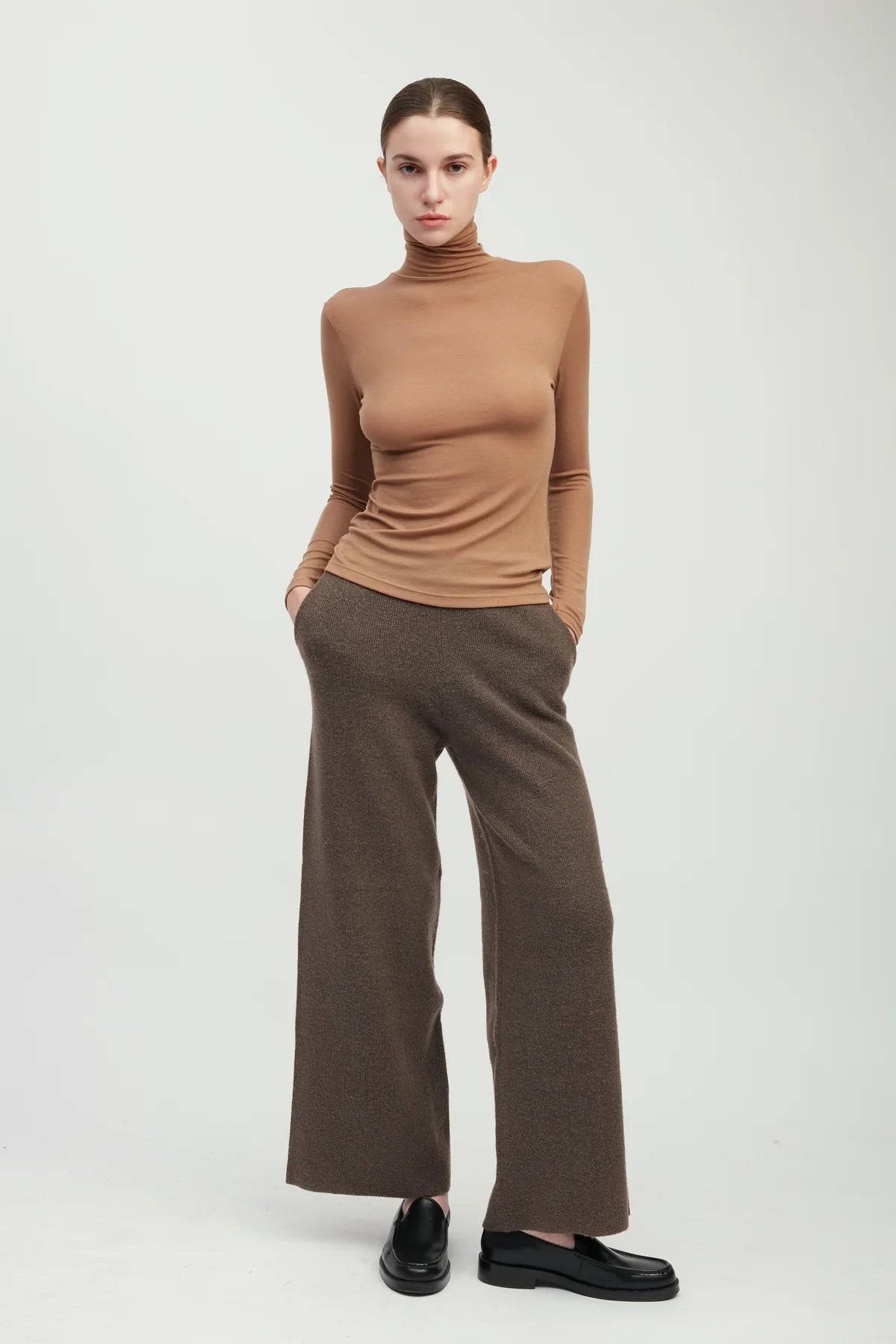 Stretch Tencil High Neck Top | Taupe, Camel