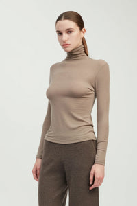 Stretch Tencil High Neck Top | Taupe, Camel