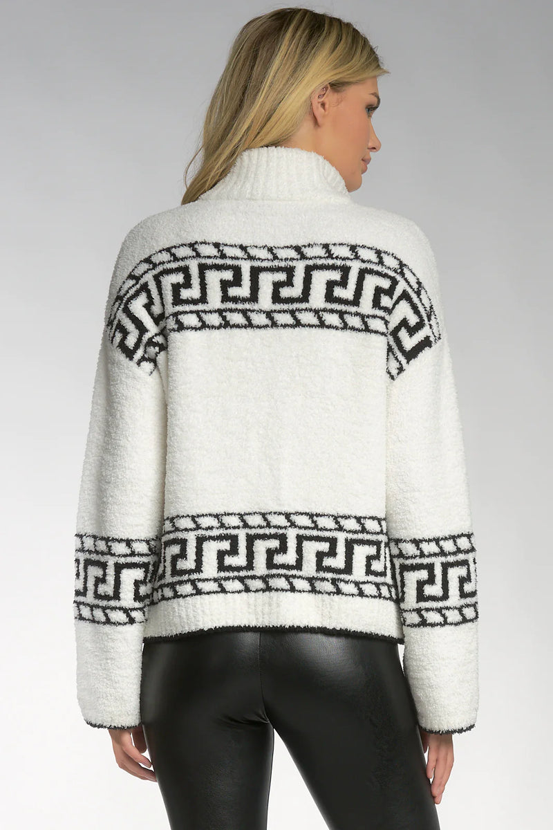 Border Print Zip Collar Sweater | Off White/Black