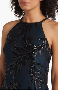 Midi Length Dress With Halter Neckline and Sequin Detail | Black/Teal