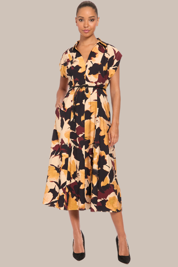 Belted Tea Length Print Dress | Tan/Gold