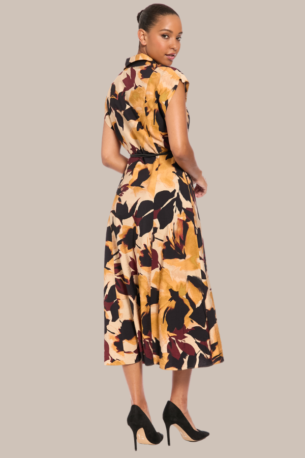 Belted Tea Length Print Dress | Tan/Gold