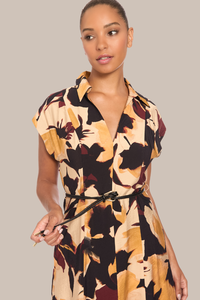 Belted Tea Length Print Dress | Tan/Gold
