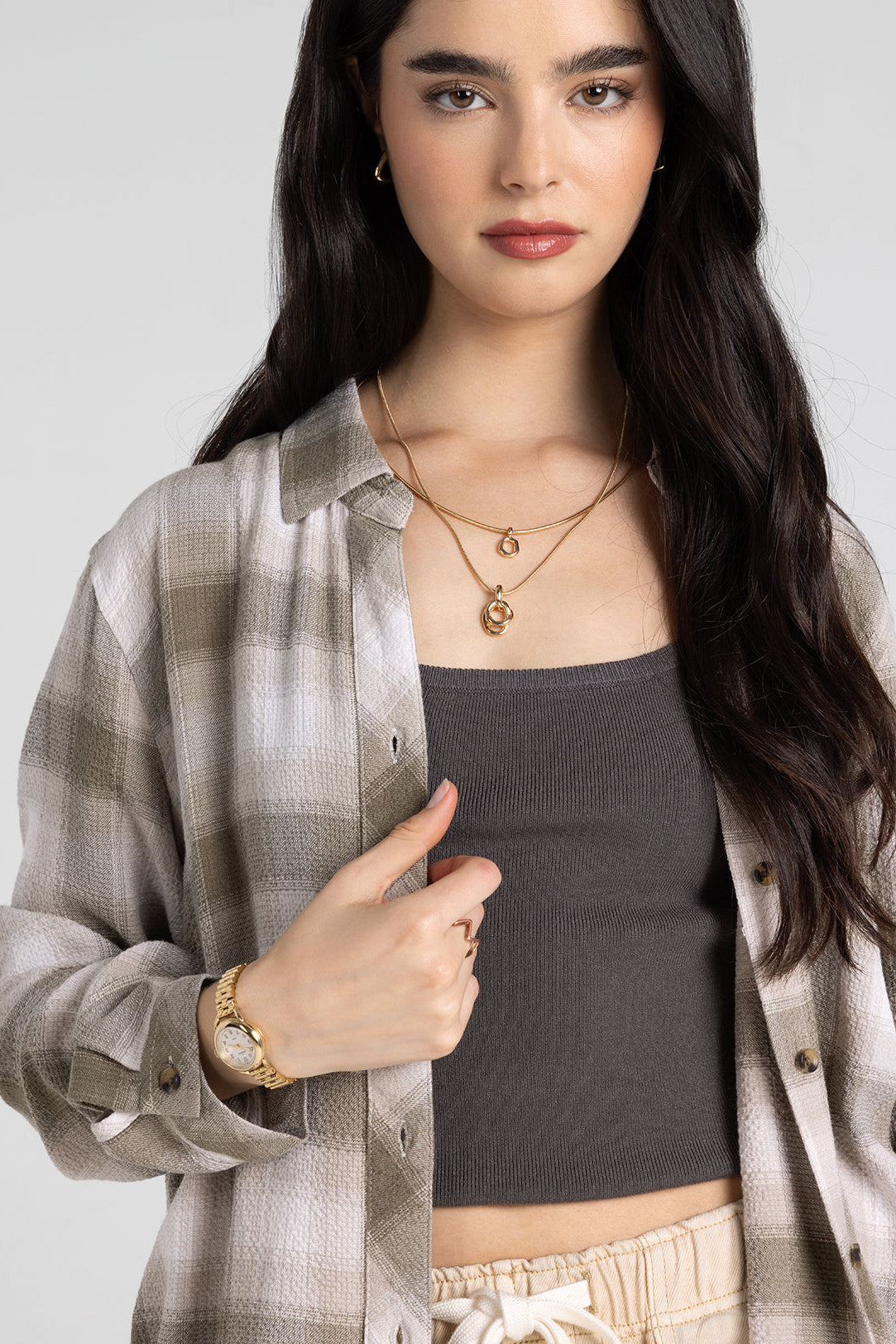 Daphne Plaid Long Sleeve Shirt | Peach/Taupe