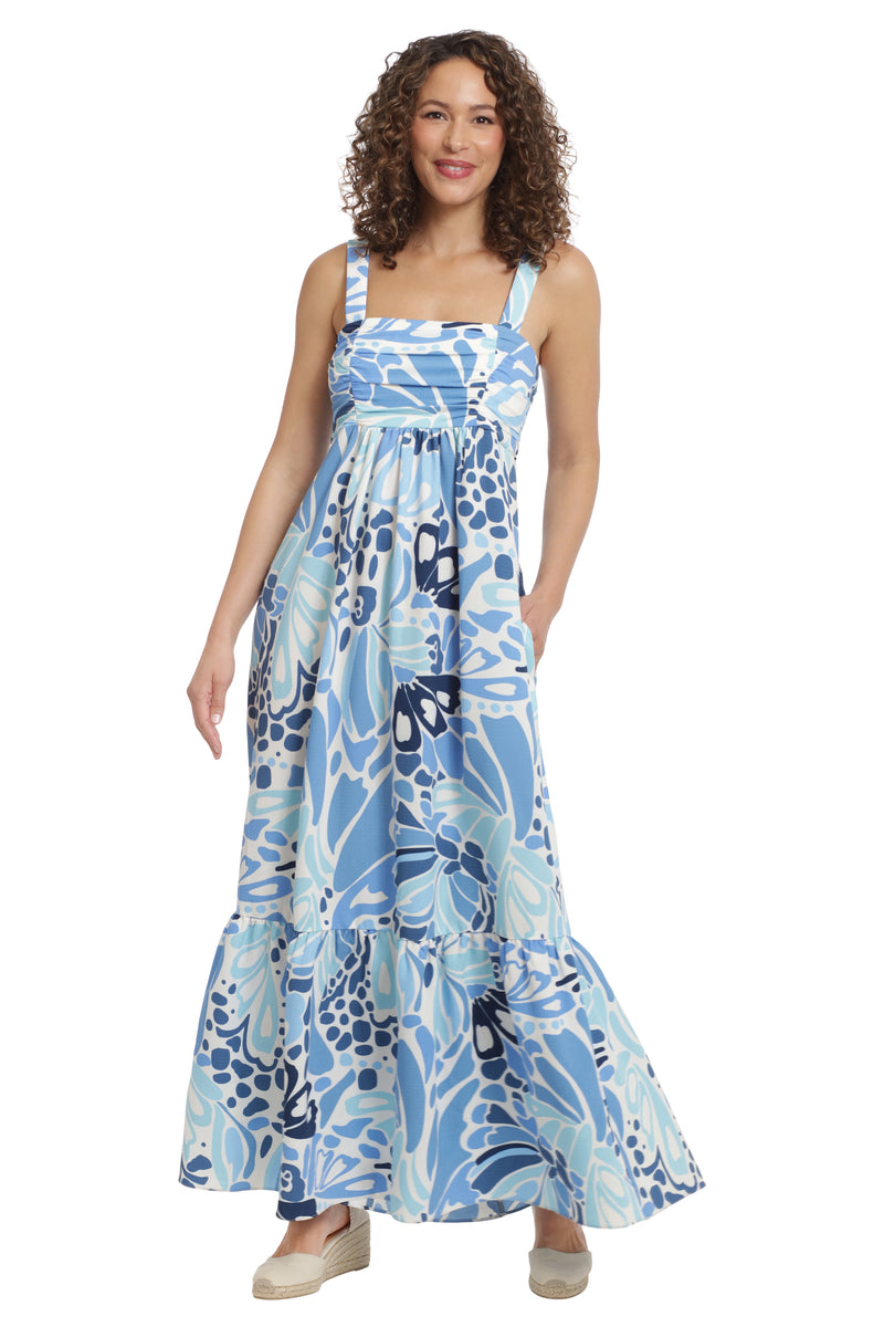 Shirred Bodice Tiered Maxi Dress | Blue