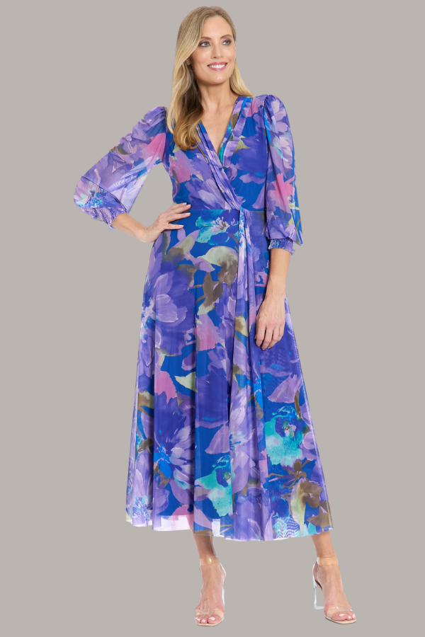 Long-Sleeve Floral Mesh Maxi Dress | Navy/Purple