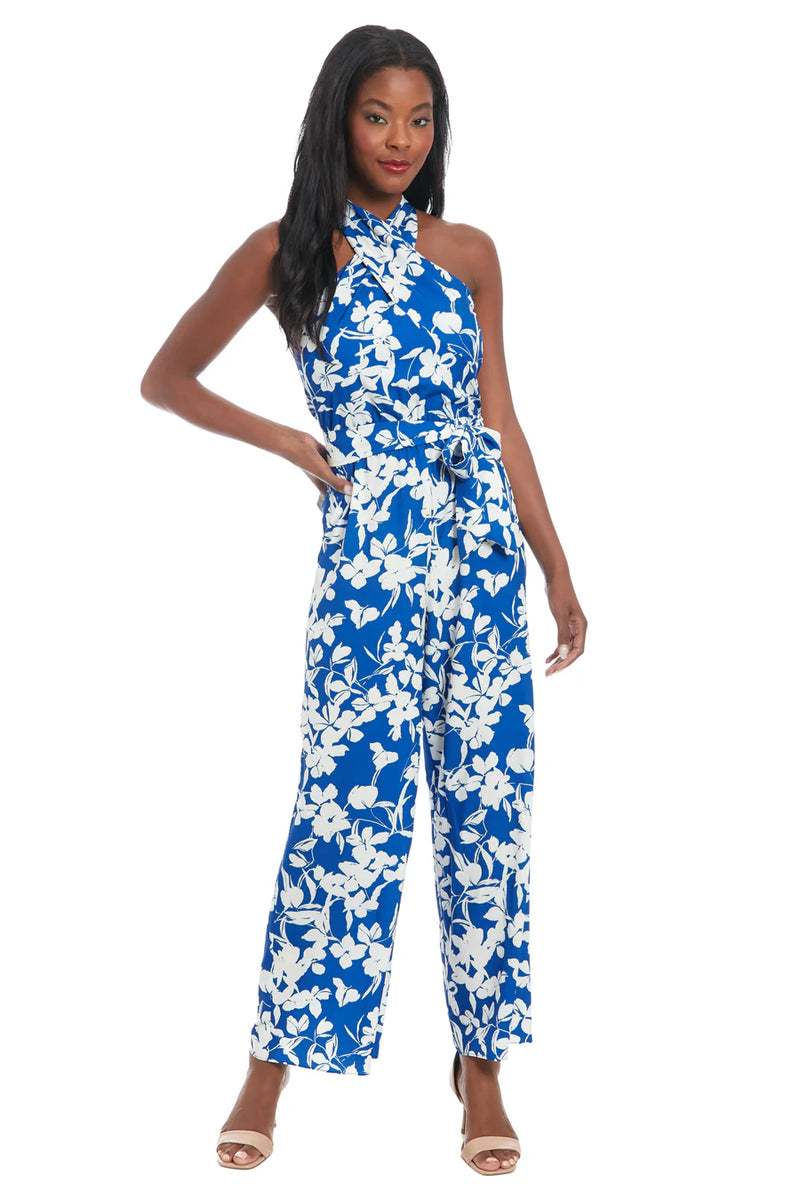 Floral Poly Halter Jumpsuit | Blue/White