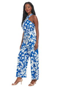 Floral Poly Halter Jumpsuit | Blue/White
