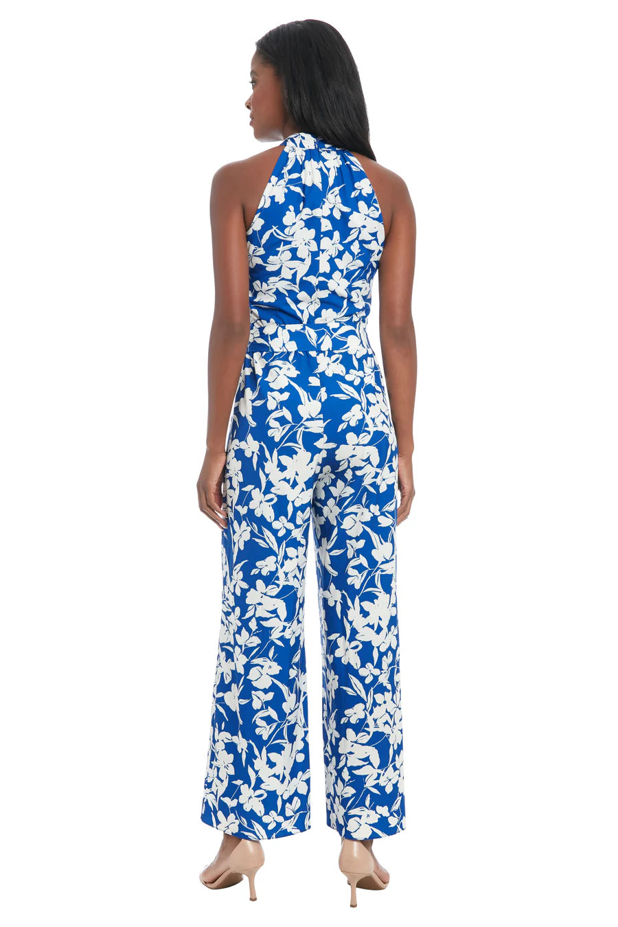 Floral Poly Halter Jumpsuit | Blue/White