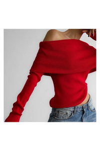 Slim Fit Off-the-Shoulder Knit Top | Red