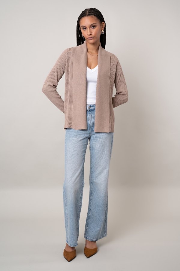 Rib Shawl Collar Cardigan | Taupe