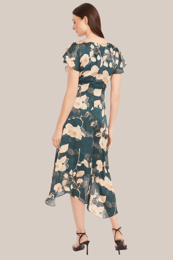 Cap Sleeve Crew Satin Floral Dress | Teal/Gold