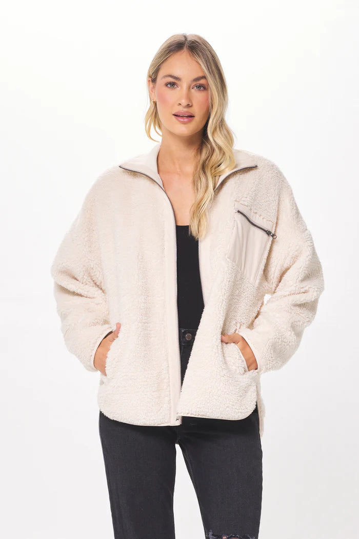 Shearling Zip Front Jacket with Faux Leather Combo | Ecru