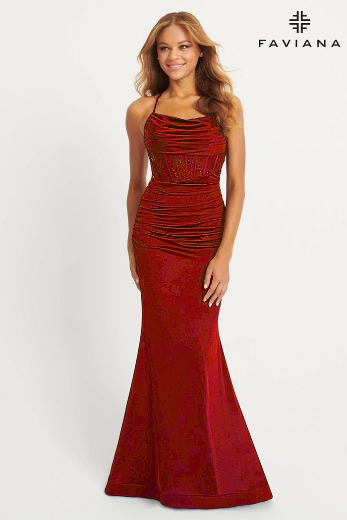 Rouched Bodice Corset with Midriff Dress | Ruby