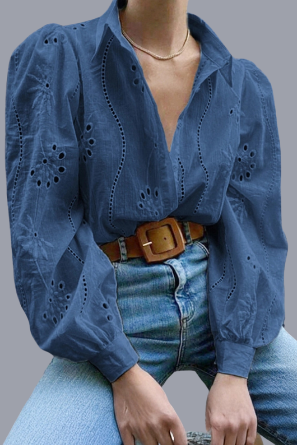 Embroidered Long-Sleeve Lapel Shirt | Blue, White