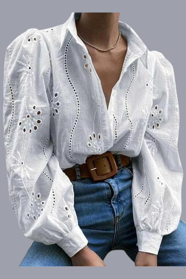 Embroidered Long-Sleeve Lapel Shirt | Blue, White