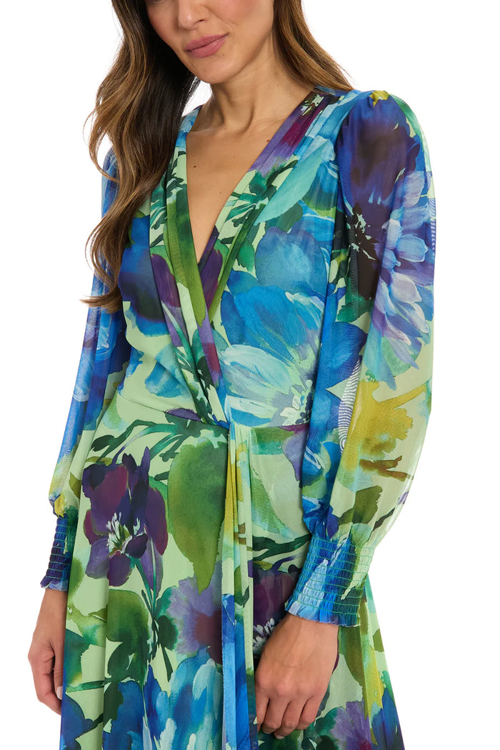 Long-Sleeve Floral Mesh Dress | Sage/Blue