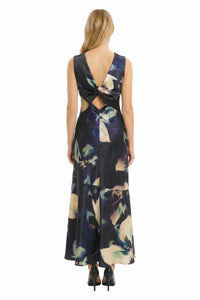 Printed Floral Halter Cowl Neck Dress | Black/Cream