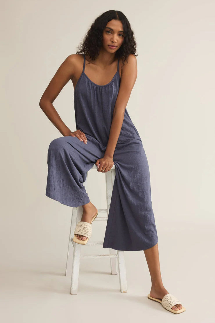 Textured Flared Jumpsuit | Worn Blue