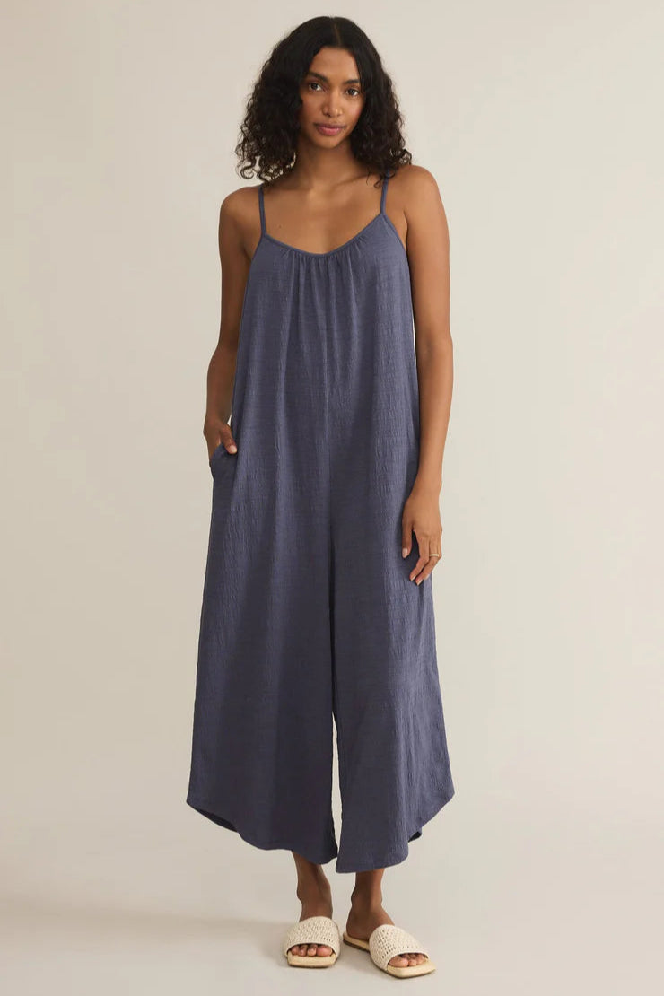 Textured Flared Jumpsuit | Worn Blue