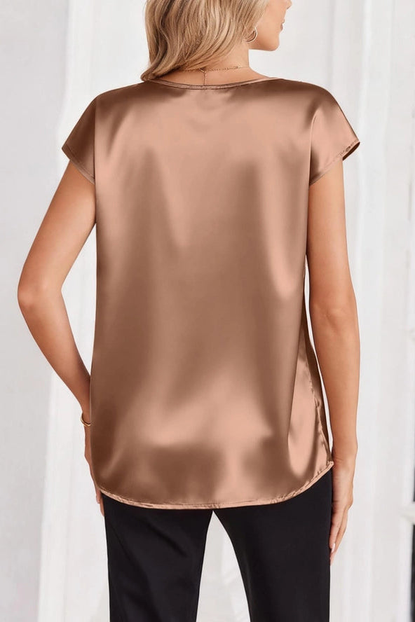 V-Neck Satin Relaxed Fit Blouse | Khaki