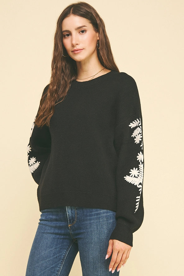 Embroidered Detail Knit Sweater | Black