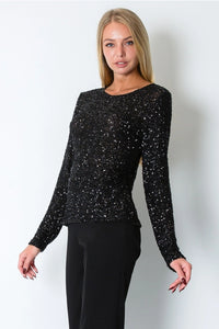 Sequin Scoop Neck Top | Black