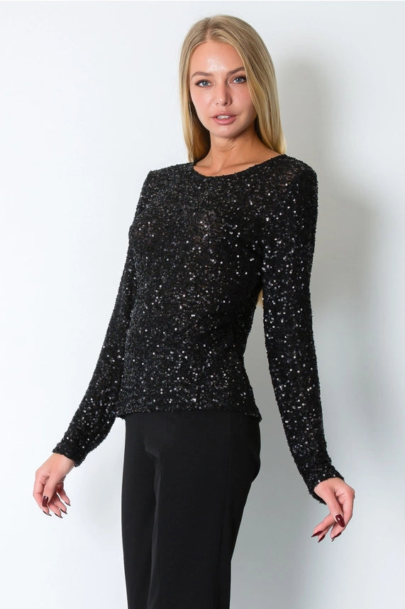Sequin Scoop Neck Top | Black