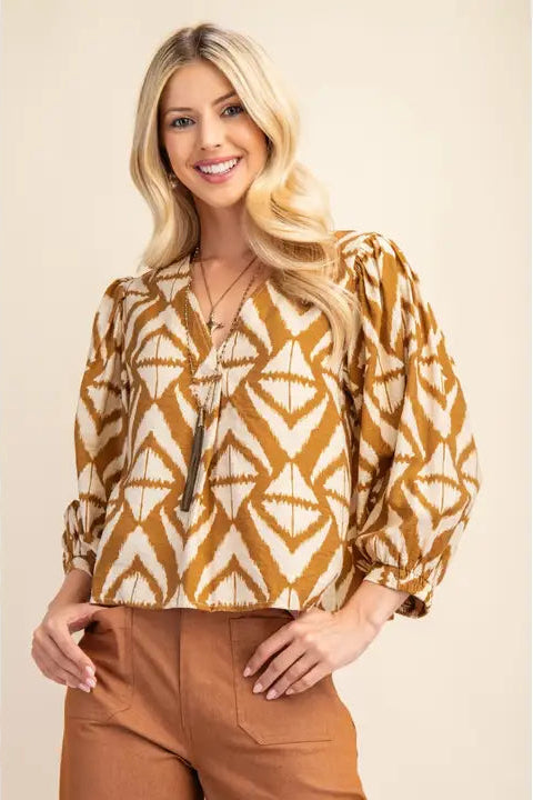 Bold Print V-Neck Top | Beige, Black