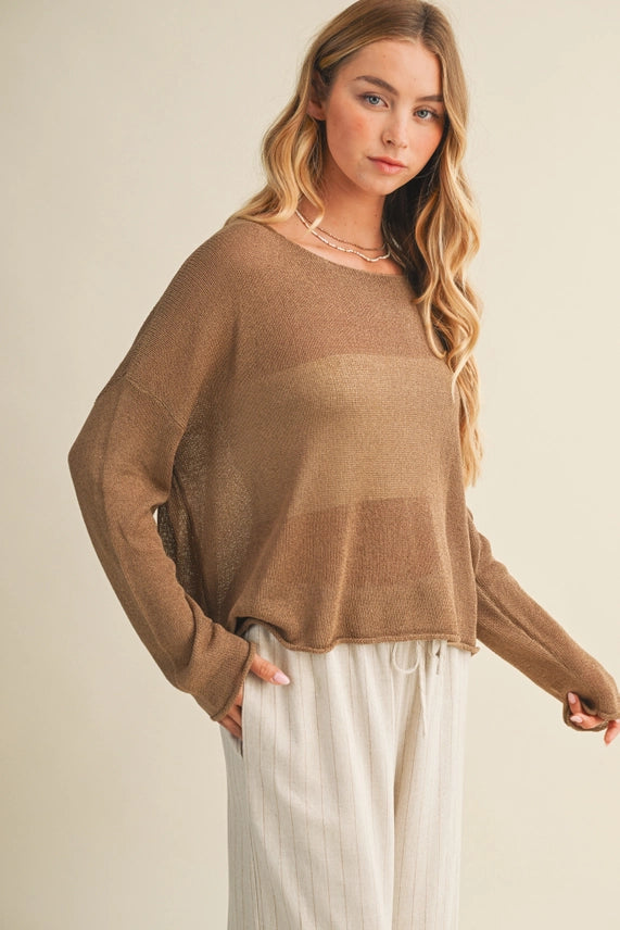 Long Sleeve Oversized Mesh Pullover | Dark Taupe