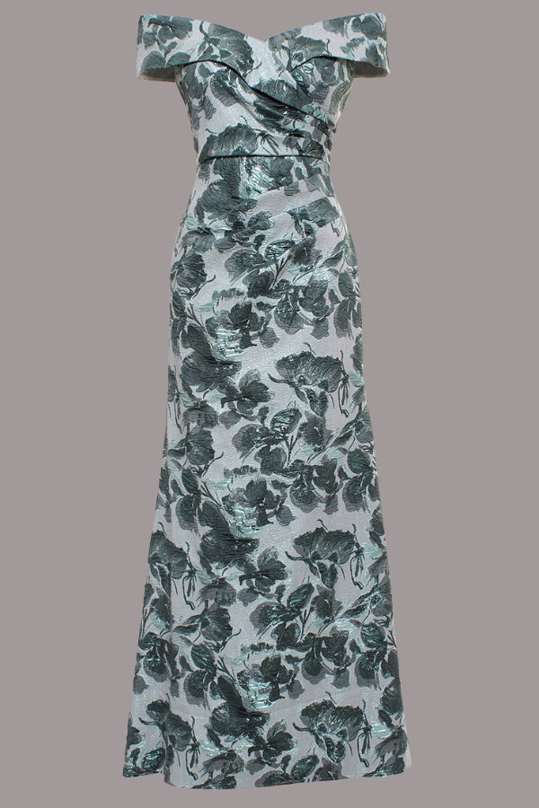 Off the Shoulder Jacquard Print Dress (Petite) | Sage