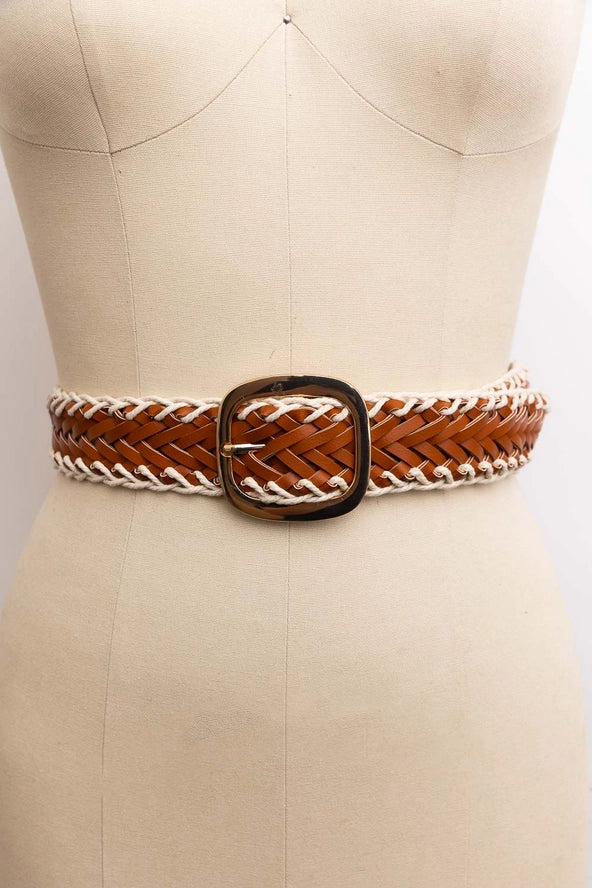 Crochet Trimmed Woven Leather Belt | Camel