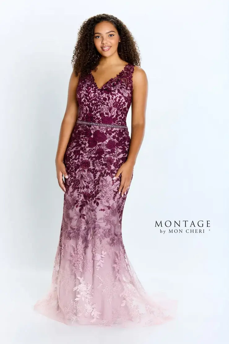 Montage 122903 Ombre Embroidered Allover Lace Fit and Flare Gown