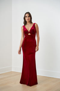 Jasmine B253061 Stretch Velvet Fit & Flare Gown with V-Neckline and Cut-Out Keyhole Center | Berry