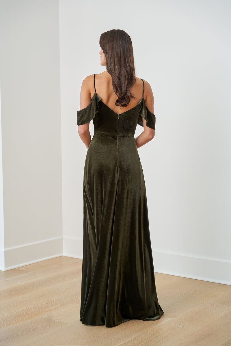 Jasmine B253063 Stretch Velvet A-line Gown with V-Neckline and Soft Ruffled Bodice and Sleeves | Autumn Green