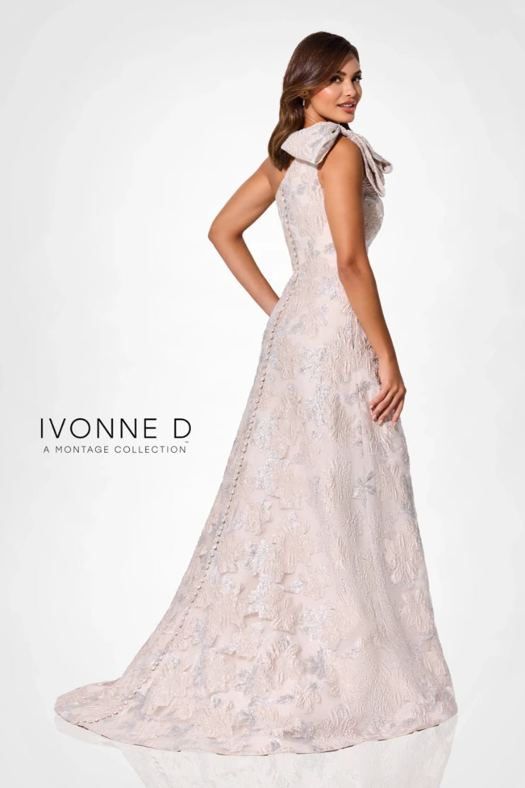Ivonne D ID326 Floral Brocade with Asymmetrical Neckline