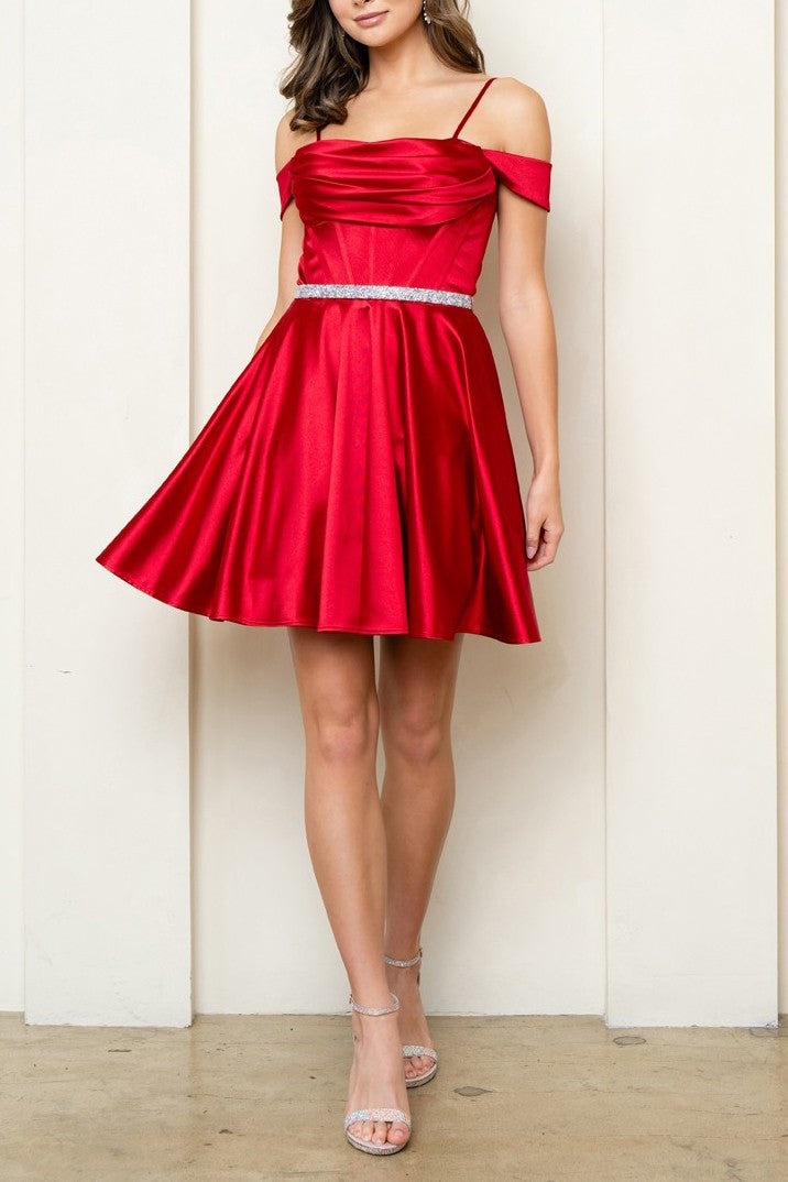 Belted Off Shoulder Stretch Satin Dress | Red