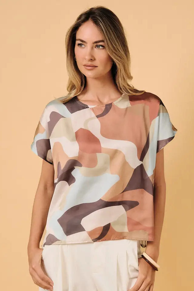 Round Neck Short Sleeve Top | Multi Abstract