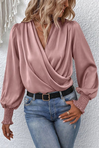 Cross Wrap Ribbed Sleeve Blouse | Pink